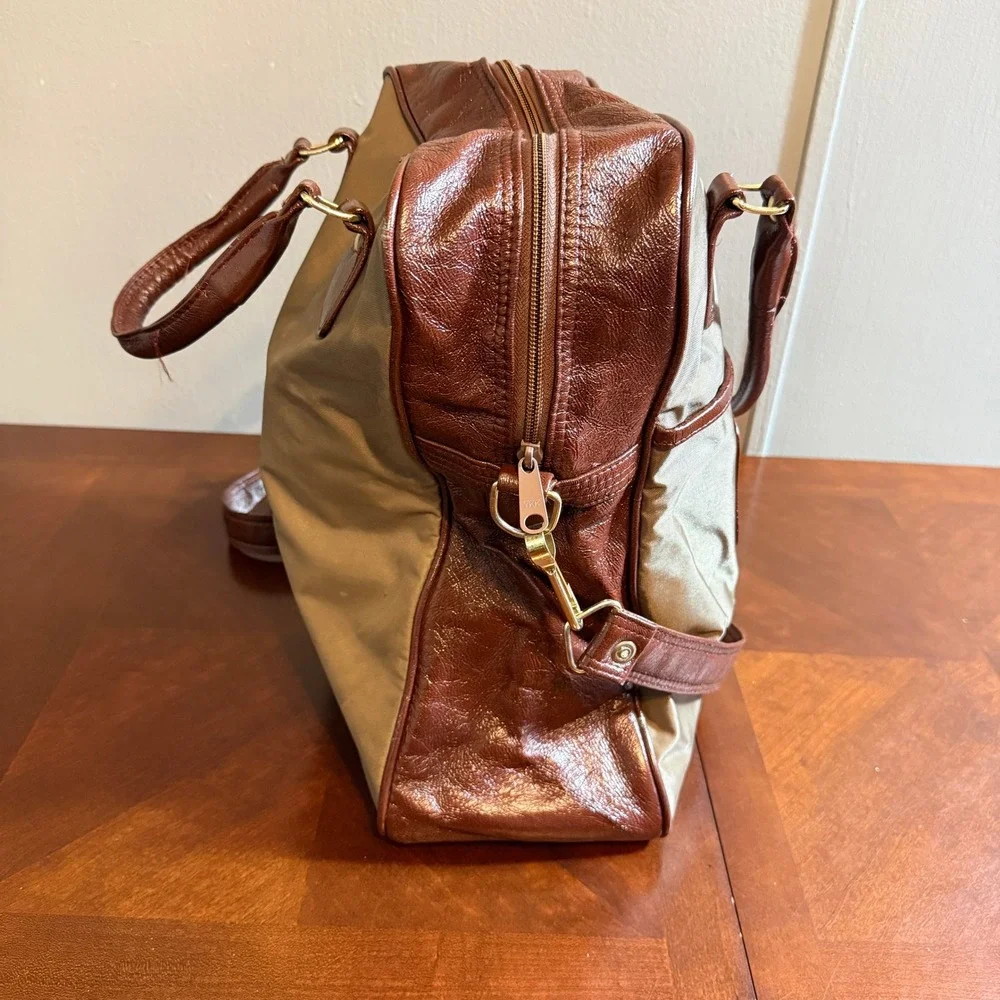 Vintage John Weitz Carry On Luggage Bag Brown Tan Canvas Duffel Shoulder Strap
